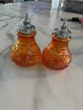 Vintage Iridescent Orange Carnival Glass Salt & Pepper Shakers